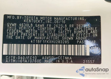 2017 Toyota Camry Le z USA, uszkodzony, nr VIN 4T1BF1FKXHU283285